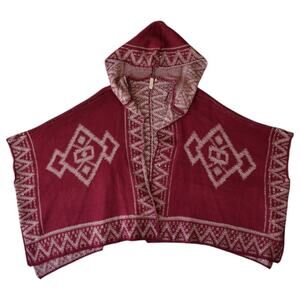 Red Camel Burgundy Aztec Hoodie Poncho Open Wrap Cardigan Sweater - Fits XS-M